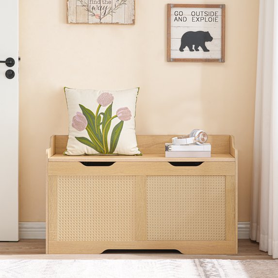 HOOBRO 39.4" Long Storage Chest, Large Storage Box, Toy Chest with Faux Rattan Decoration, Toy Box Organizer, Shoe Bench, with Safety Hinge and U-Shaped Cutouts, Living Room NL82CW01