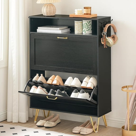 HOOBRO 41.3"H Shoe Cabinet Tipping Bucket Shoe Cabinet with 2 Flip Drawers Entryway, Hallway and Coatroom, Black BK12SC01G1