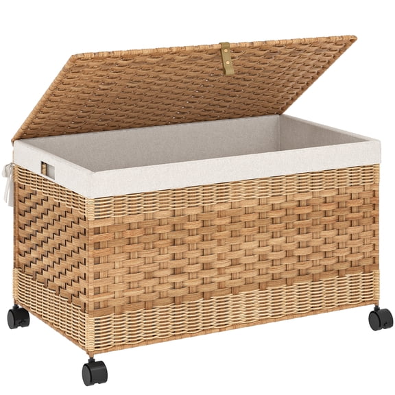 HOOBRO 42.3-Gallon Woven Storage Basket with Lid, Wheels & Removable Liner, Natural