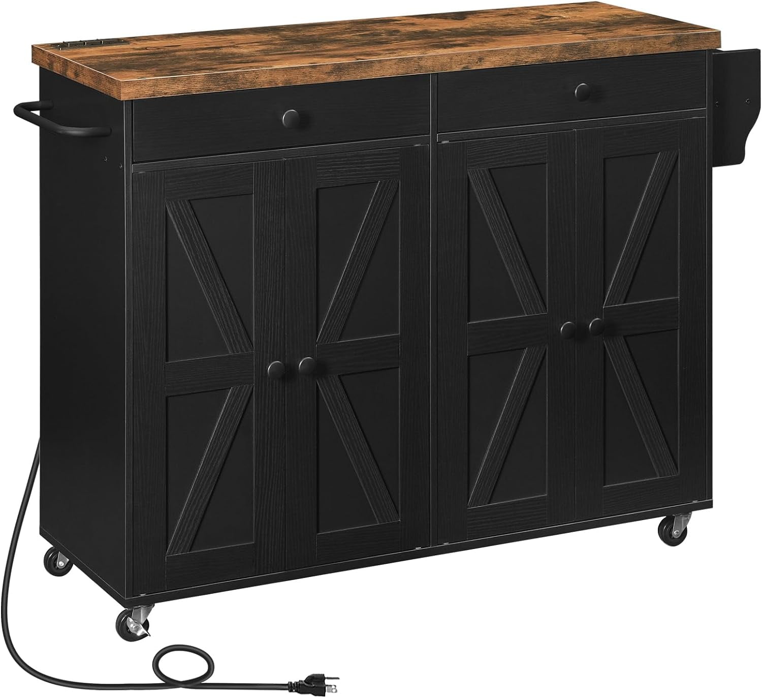 HOOBRO 43.3" Rolling Kitchen Island with Charging Station Kitchen Island Cart with Spice Rack and Hooks Kitchen Living Room Rustic Brown and Black BF11UZD01