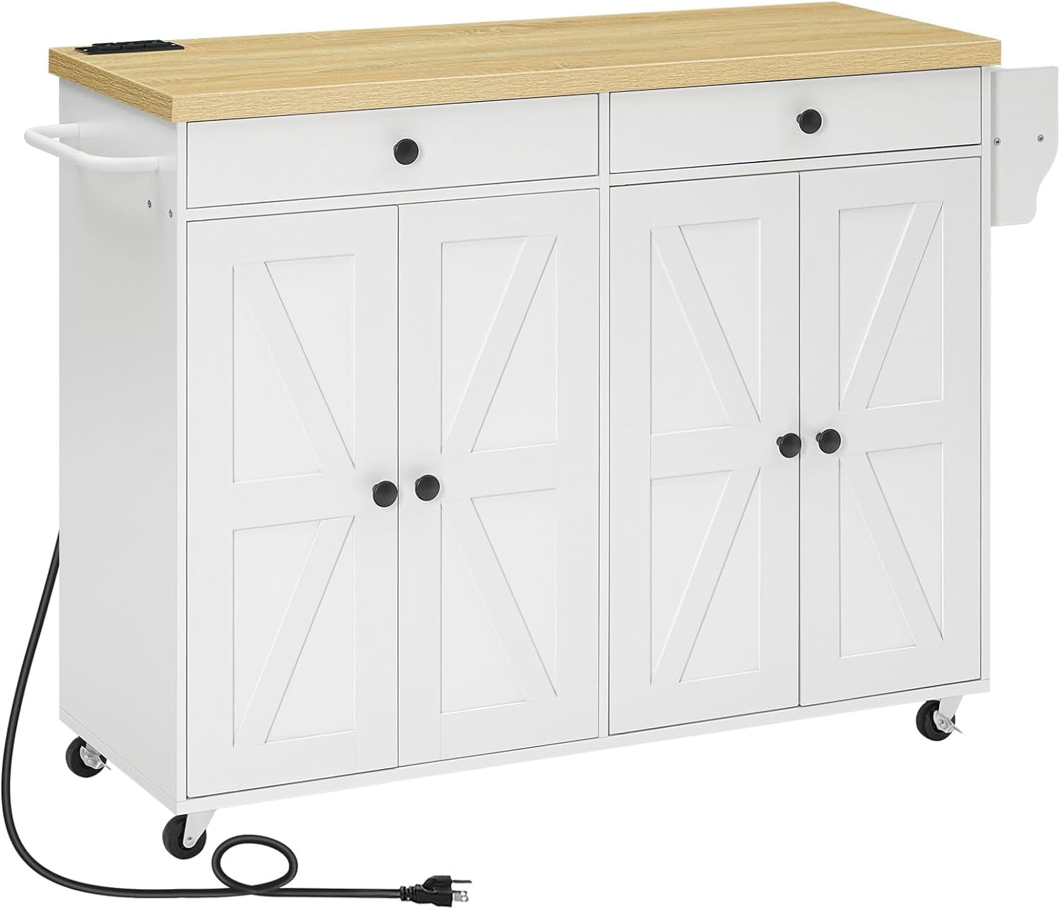 HOOBRO 43.3" Rolling Kitchen Island with Charging Station Kitchen Island Cart with Spice Rack and Hooks Kitchen Living Room White and Natural WN11UZD01