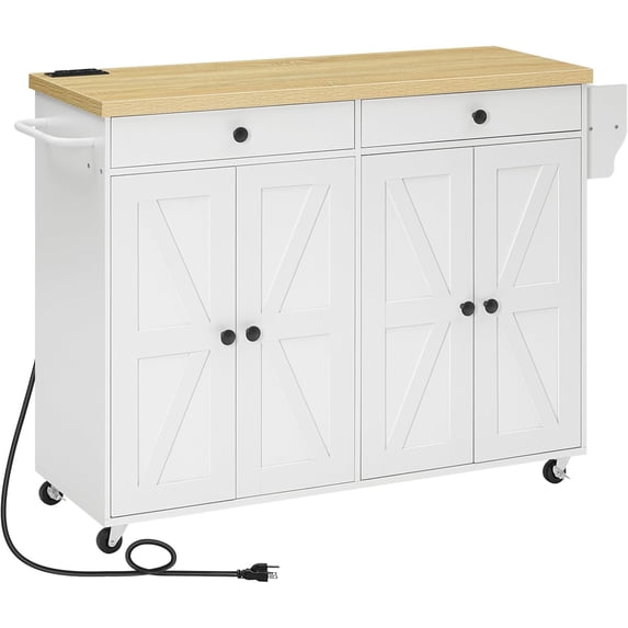 HOOBRO 43.3" Rolling Kitchen Island with Charging Station Kitchen Island Cart with Spice Rack and Hooks Kitchen Living Room White and Natural WN11UZD01