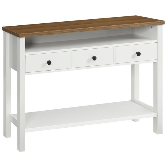 HOOBRO 45.3-Inch Long Console Table, Entryway Table with 3 rawers, Hallway Table with 3 Storage Shelves, Narrow Sofa Table,Coffee Table,for Hallway, Living Rooms, Bedroom, White and Walnut WH61XG01