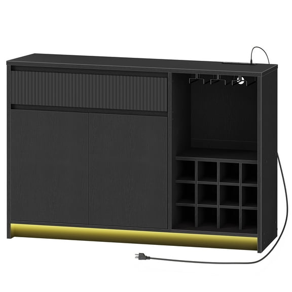 HOOBRO 47.2" Bar Cabinet with LED Lighting and Charging Station, Sideboard with Wine Glass Holder and 12 Wine Cubes, Coffee Bar with Drawer and Cabinet, Adjustable Shelf, Black BB12UDJG01