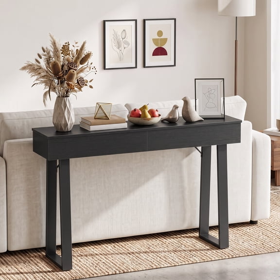 HOOBRO 47.2-Inch Console Table with 2 Hidden Drawers, Metal Legs & Adjustable Feet, Black