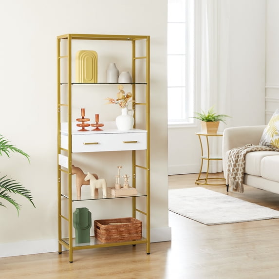 HOOBRO 5-Tier Bookshelf with Drawer, Tall Bookcase with Charging Station, Standing Storage Shelf with Metal Frame and Tempered Glass, for Living Room, Bedroom, Gold DW65USJ01