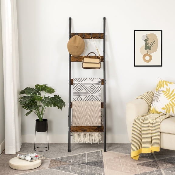 HOOBRO Industrial 5-Tier Towel & Blanket Ladder Shelf with Hooks, Rustic Brown