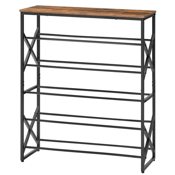 HOOBRO 6-Tier Shoe Rack with X-Shaped Strips & Wooden Top Shelf, Rustic Brown and Black