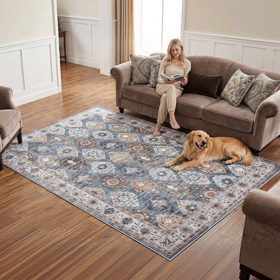 HOOBRO 6' x 9' Washable Non-Slip Area Rug, Boho Vintage Low-Pile, Light Blue