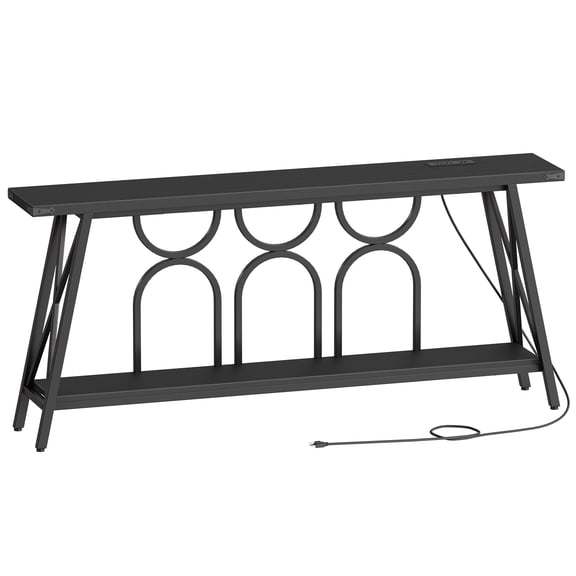 HOOBRO 70.9" Console Table with Charging Station & Metal Frame, Black