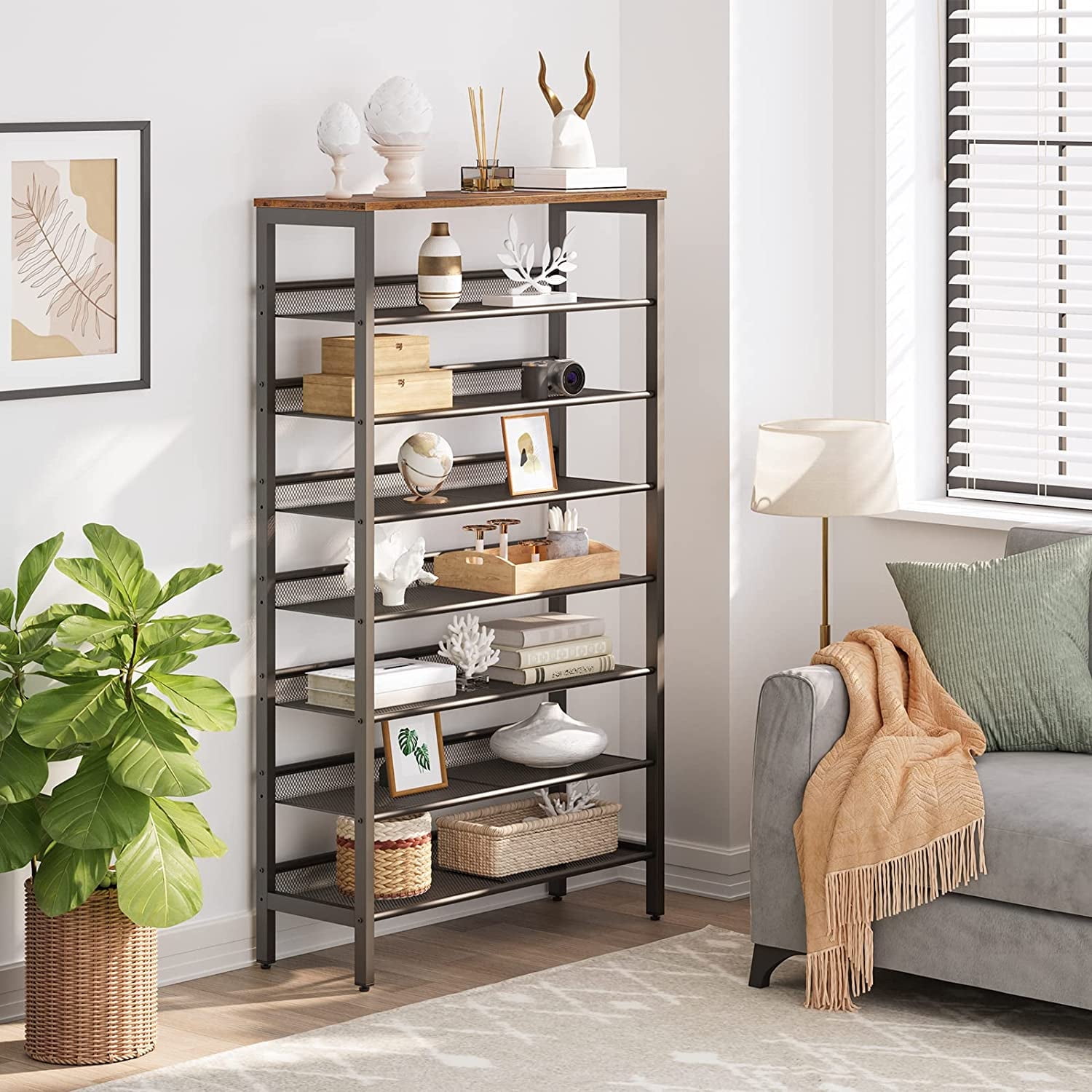 HOOBRO 8-Tier Shoe Rack Organizer with Adjustable Storage Shelf Entryway Brown BF18XJ01