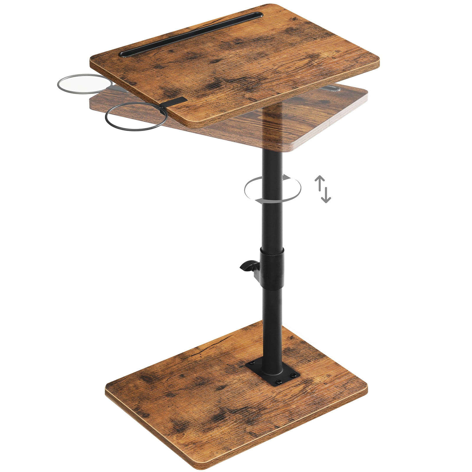 HOOBRO Adjustable C-Shaped TV Tray Table - Height Adjustable 16.5''-31.5'', 360° Swivel End Table with Cup Holder & Device Stand - Perfect for Small Spaces, Living Room, Bedroom ,Rustic Brown