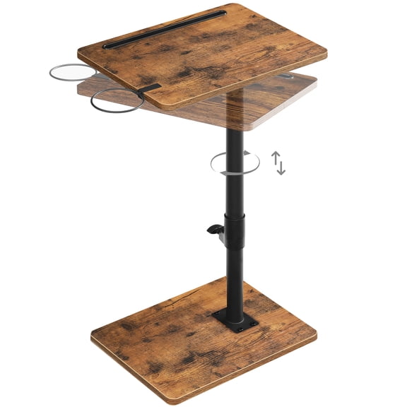 HOOBRO Adjustable C-Shaped TV Tray Table - Height Adjustable 16.5''-31.5'', 360 Swivel End Table with Cup Holder & Device Stand - Perfect for Small Spaces, Living Room, Bedroom ,Rustic Brown