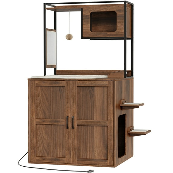 HOOBRO All-in-One Cat Tree with Litter Box Enclosure, Hidden Cat Litter Box Enclosure Furniture, Cat Tower with Litter Box Cover, Versatile Cat Condo with Scratching Mat, Walnut WL68UMZ03