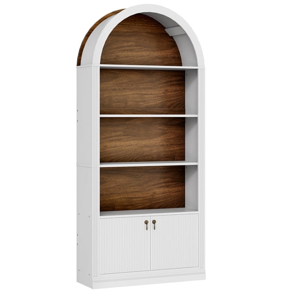 HOOBRO Arched 5-Tier Bookcase with Wave Doors, White and Walnut
