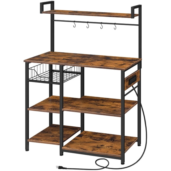 HOOBRO 35.4" Bakers Rack with Power Outlet, Mesh Basket, Microwave Stand & 4 Hooks, Rustic Brown
