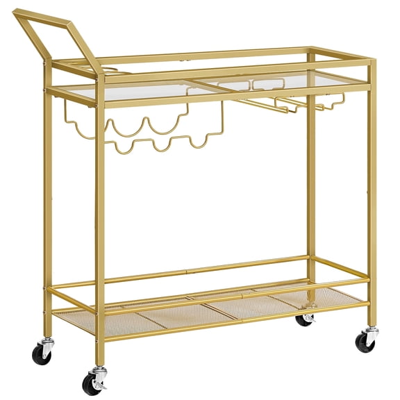 HOOBRO Bar Cart for The Home, 2-Tier Kitchen Cart with Wine Rack and Glass Holder, Serving Cart with Wheels and Guard Rails for Dining Room, Living Room, Party, Bar, Gold GD11TC01