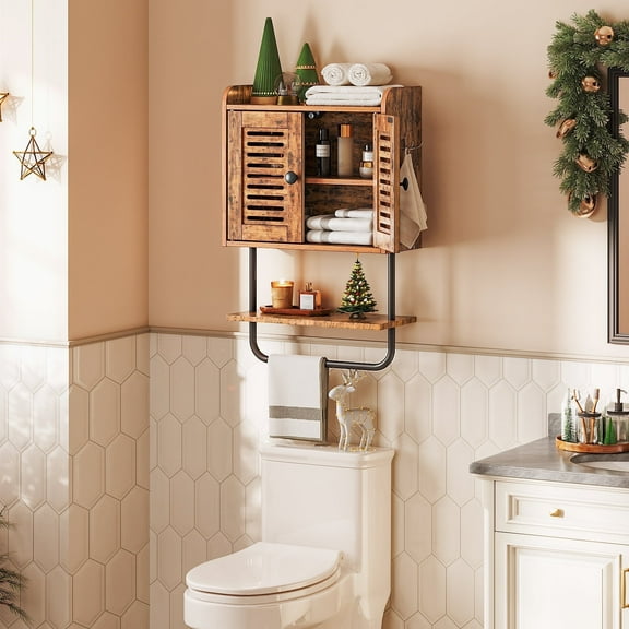 HOOBRO Bathroom Wall Cabinet with Towel Bar Adjustable Shelf 2 Hooks Over The Toilet Storage Cabinet Bedroom Kitchen Rustic Brown BF46CW01