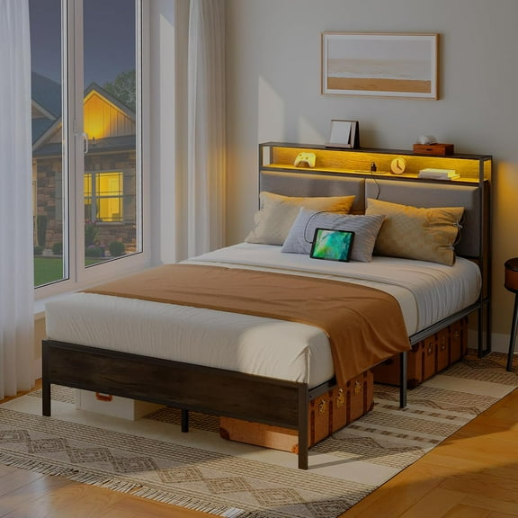 HOOBRO Bed Frame Full Bed with Charging Station and LED Light Strip Upholstered Headboard with Storage Bedroom Charcoal Gray BCG03UDBF01