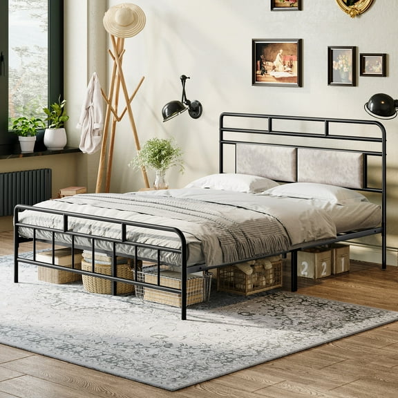 HOOBRO Bed Frame, Queen Size Bed Frame, Heavy Duty Metal Bed Frame, with Upholstered Headboard, Soundless, No Box Springs Needed, Black BB66BF01