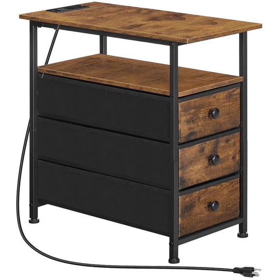 HOOBRO Bedside Table with Charging Station, 1 Outlet and 2 USB Ports, Narrow Side Table with 3 Non-Woven Fabric Drawers, Sofa Side Table with Open Storage, Rustic Brown and Black BF483UBZ01