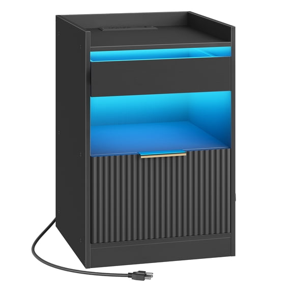 HOOBRO Black Nightstand with Charging Station LED End Table Featuring Outlets & USB Ports, Sliding Tray & Drawer, Stylish Wave Pattern Design for Bedroom Use