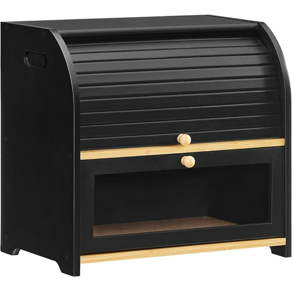 HOOBRO Bread Box, Bamboo Bread Box for Kitchen Countertop, 2 Tier Roll-Top Bread Bin, Food Storage Box, Large Capacity Keeper, Wooden Storage Cabinet, for Kitchen, Dining Room, Black BK13MB01