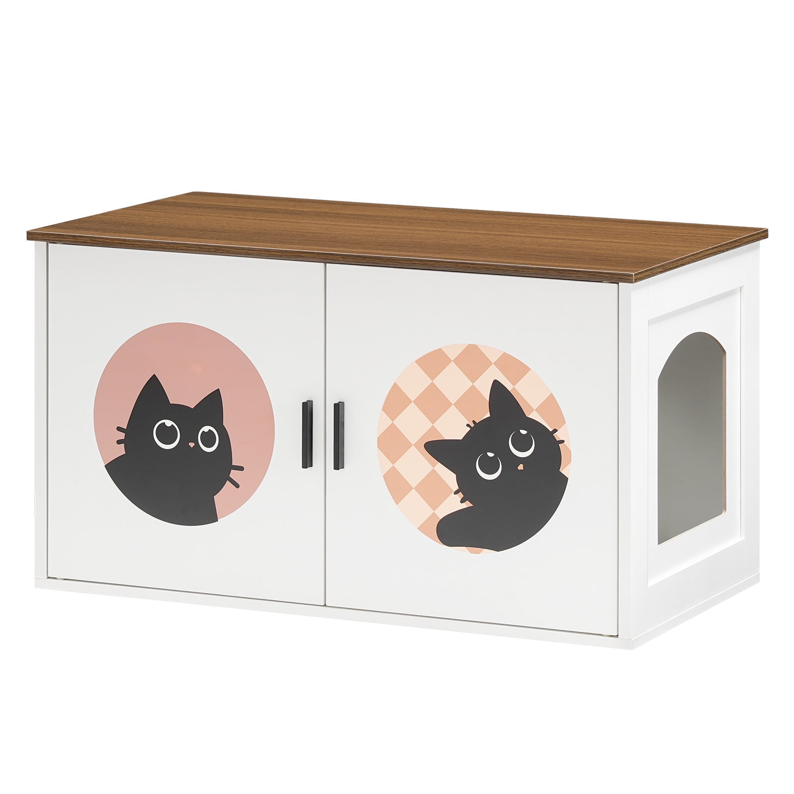 HOOBRO Cat Litter Box Enclosure, Hidden Litter Box Enclosure Furniture with Cute Cat Patterns and Arched Entrance, Litter Box Cabinet, Side Table, for Living Room, White and Walnut WH08MW01