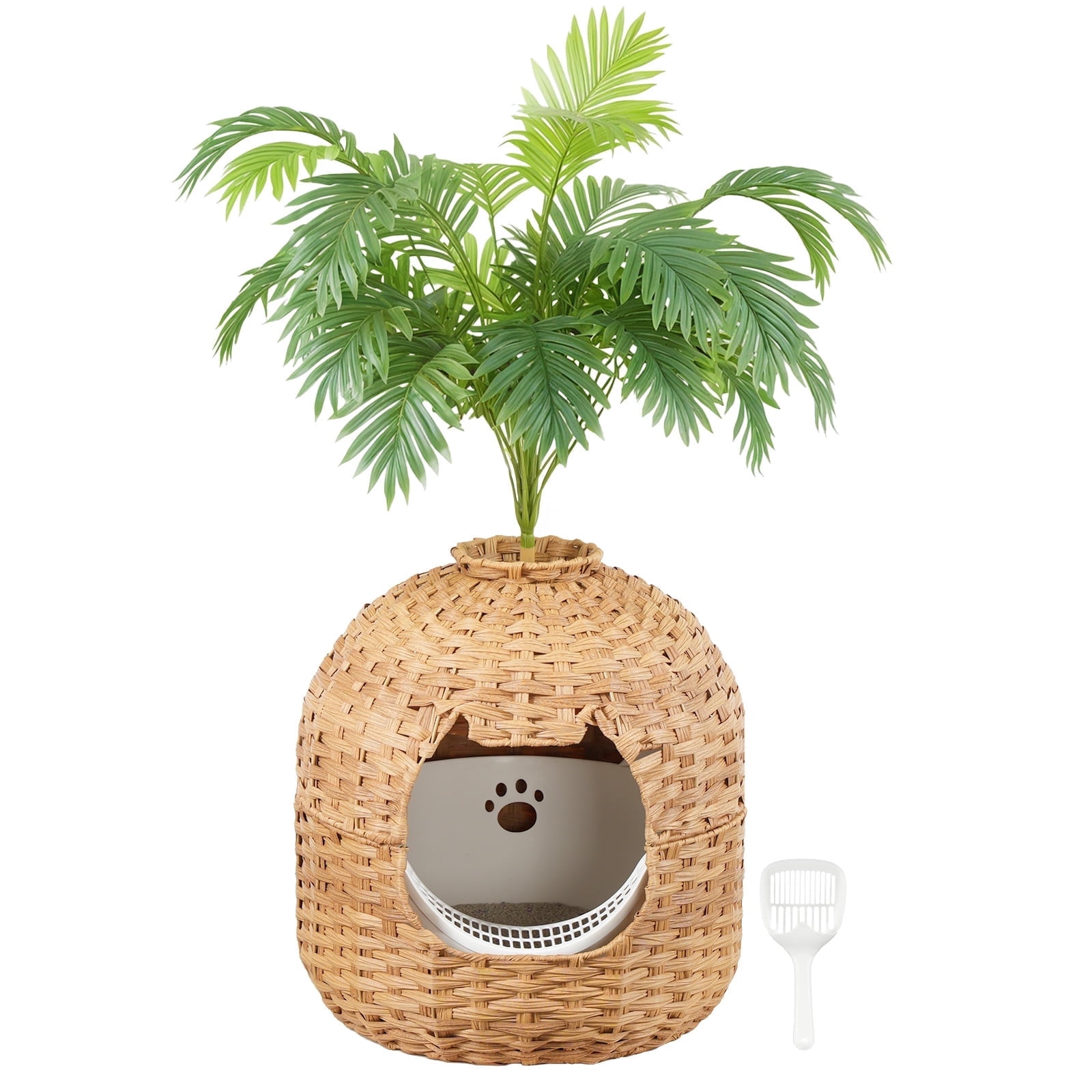 HOOBRO Handwoven Rattan Hidden Litter Box Enclosure with Plant & Scoop, Dark Natural