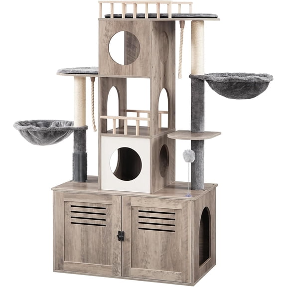 HOOBRO Litter Box Enclosure 5-Level 57" Cat Tree with Cat Condos & Scratching Posts, Gray