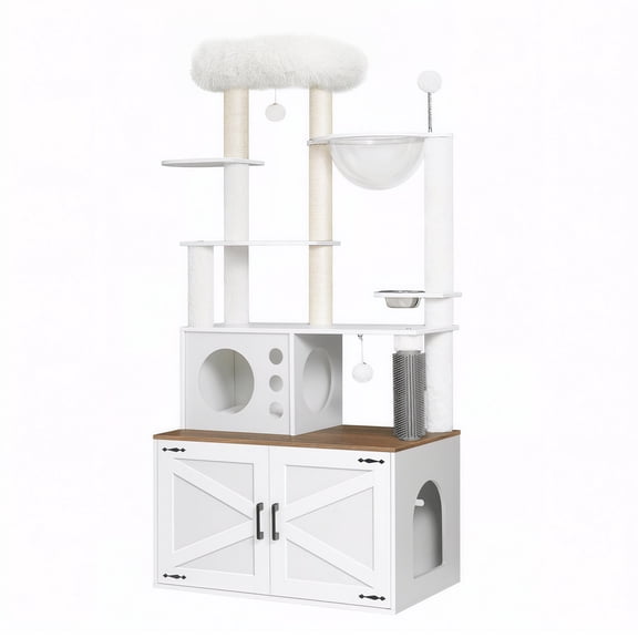 HOOBRO Cat Tree with Litter Box Enclosure, Scratching Post, Bubble Perch, Bowl, Plush Platform, Hanging Balls, Spring Ball, Anti-Tip, White and Walnut