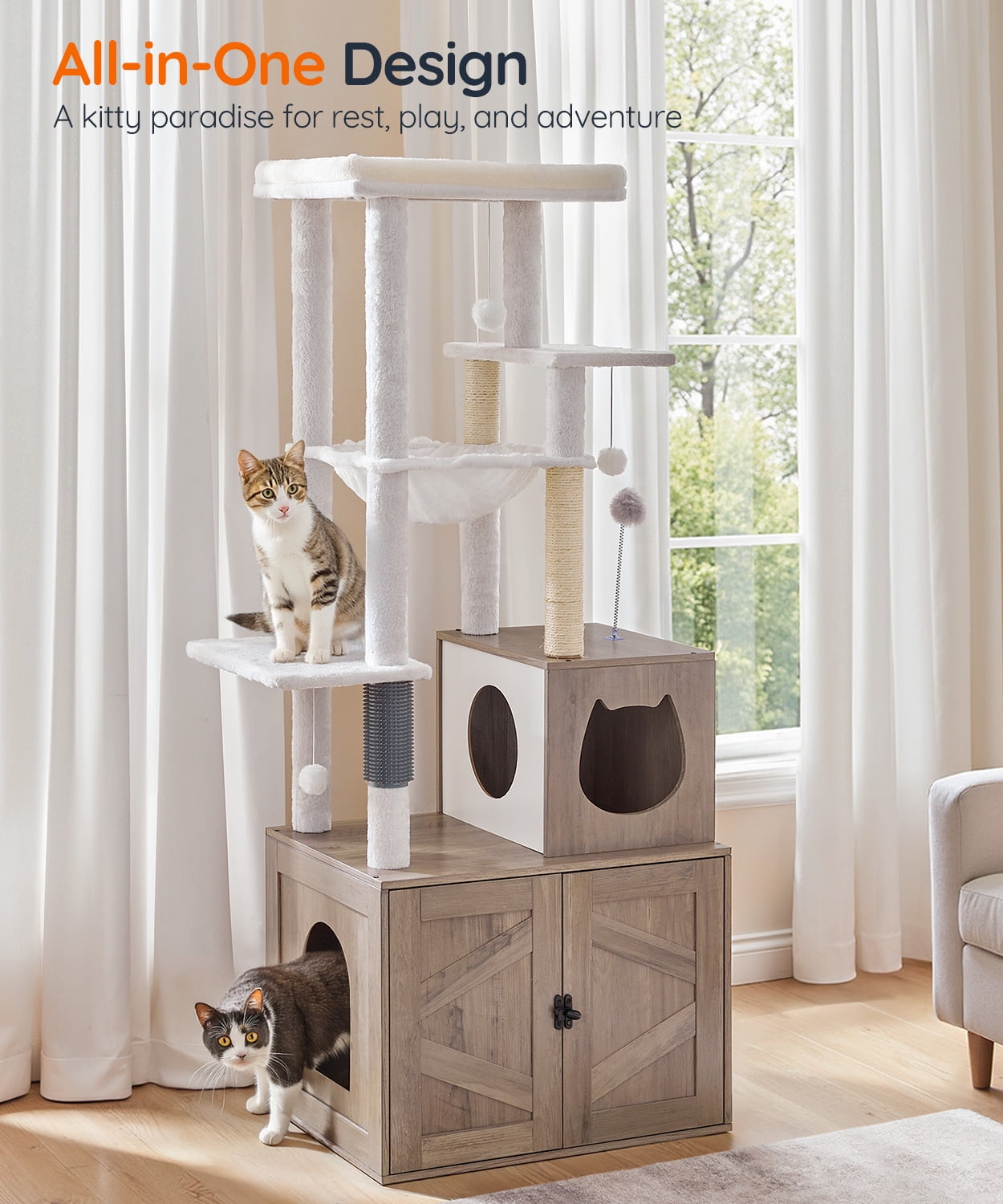 HOOBRO Cat Tree with Litter Box Enclosure, Tall Cat Tower for Indoor Cats, All-in-One Modern Cat Condo, Hidden Litter Box Enclosure Furniture, with Cat House, Sisal Posts, Greige and White BG51MZ03