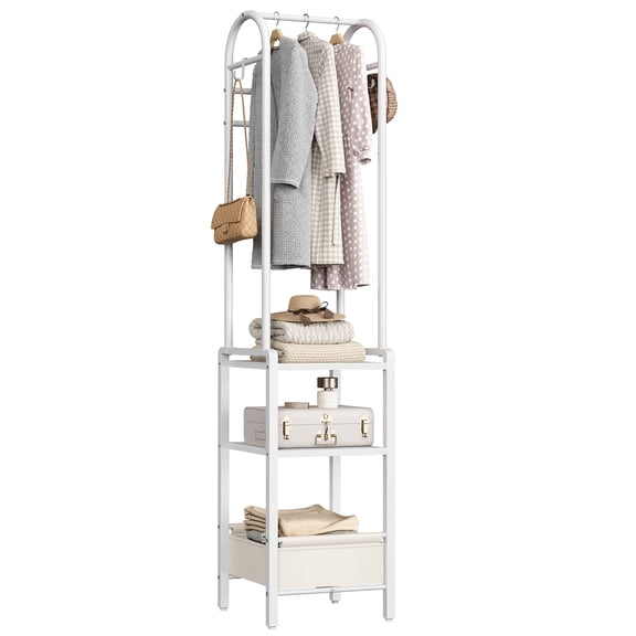 HOOBRO Coat Rack with 3 Hooks, 2 Rods, 2 Shelves & Storage Basket, White