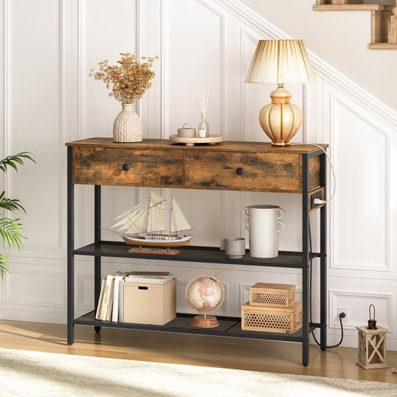 HOOBRO Narrow Console Table with Charging Station & 2 Drawers, Industrial, Rustic Brown and Black