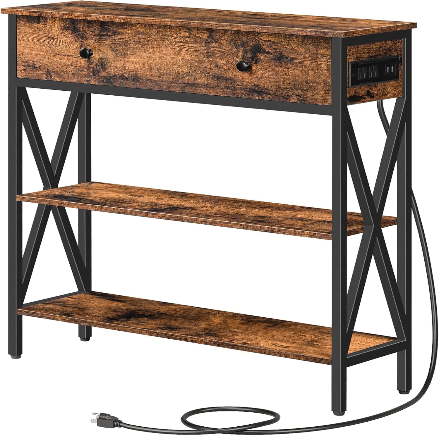 Rustic Brown Wood Console Table with Charging Station and Storage