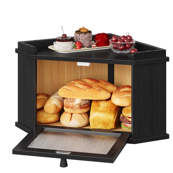 HOOBRO Corner Bamboo Bread Box with Rippled Acrylic Door, Black