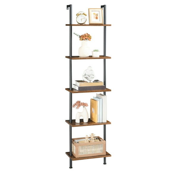 HOOBRO DIY Ladder Shelf, 5-Tier Wooden Wall Mounted Bookshelf, Narrow Bookcase, Display Shelf, Storage Rack, Plant Stand, for Living Room, Bedroom, Study, Balcony, Rustic Brown and Black BF531CJ01