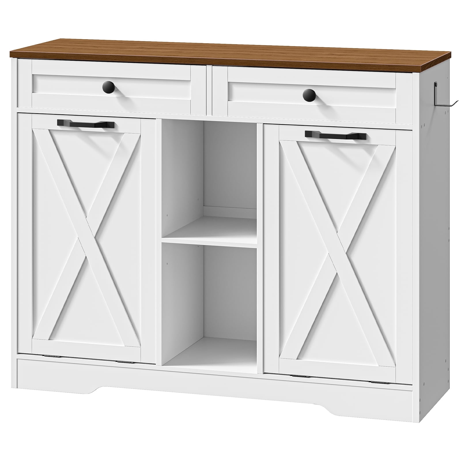 HOOBRO Double Tilt Out Laundry Hamper Cabinet, 23 Gallon Farmhouse Laundry Cabinet with 2 Drawers, 2 Baskets and Open Shelving, Hidden Laundry Hamper for Bathroom, White and Walnut WH11XY01