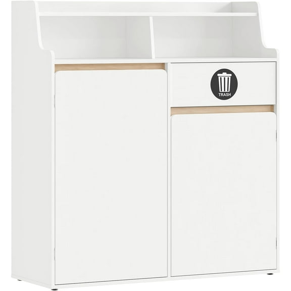 HOOBRO Double Trash Cabinet, 20 Gallon Freestanding Trash Can Cabinet, Removable Shelf & Anti-Tip Kit, Freestanding Kitchen Trash Storage Cabinet, White and Natural WN05LJ01