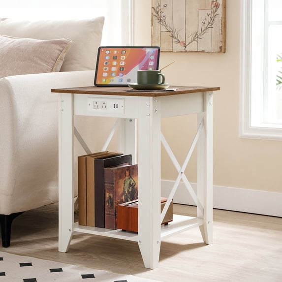 HOOBRO End Table 2-Tier Nightstand with USB Ports and Outlets Sofa Coffee Table Living Room WH45UBZ01