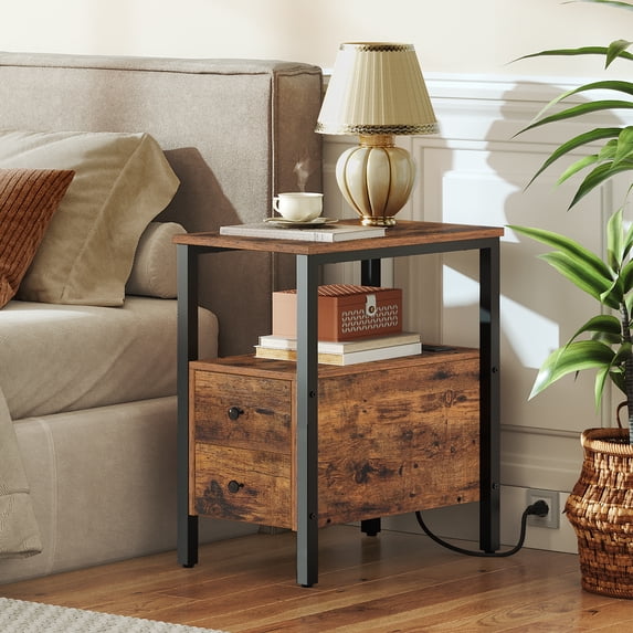 HOOBRO End Table with Charging Station, Narrow Side Table with 2 Drawer & USB Ports & Power Outlets, Nightstand for Small Spaces, for Living Room, Bedroom, Rustic Brown and Black BF541BZ01
