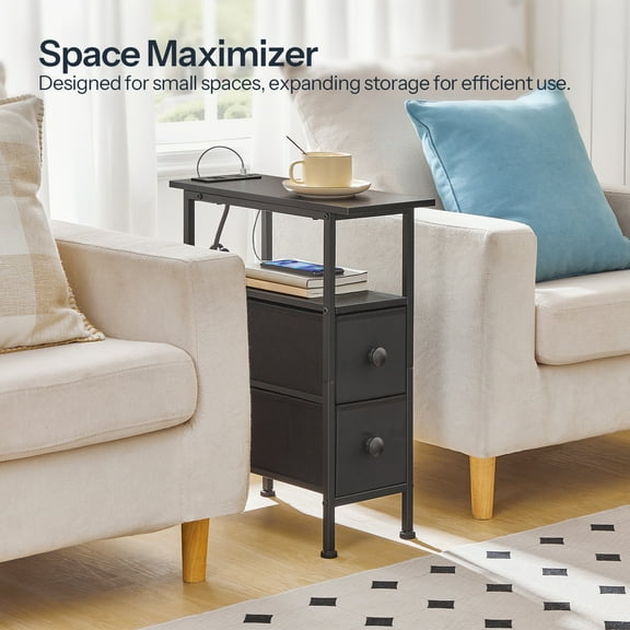 HOOBRO End Table with Charging Station, Narrow Side Table with 2 Fabric Drawers, Skinny Nightstand with Storage, Slim Bedside Table for Bedroom, Living Room, Small Spaces, Black BB487UBZ01
