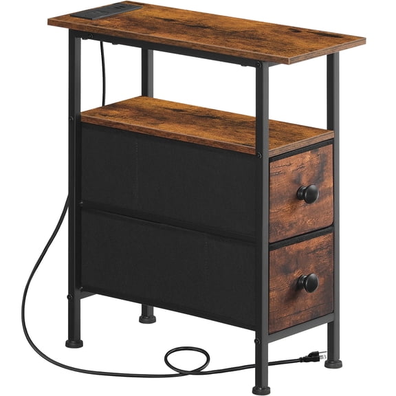 HOOBRO Narrow End Table with Charging Station & 2 Fabric Drawers, Rustic Brown and Black