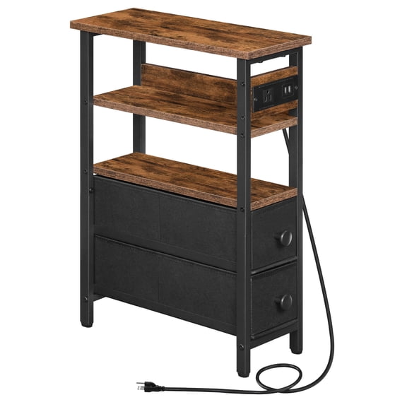 HOOBRO Slim End Table with Charging Station & Fabric Drawers, Rustic Brown and Black