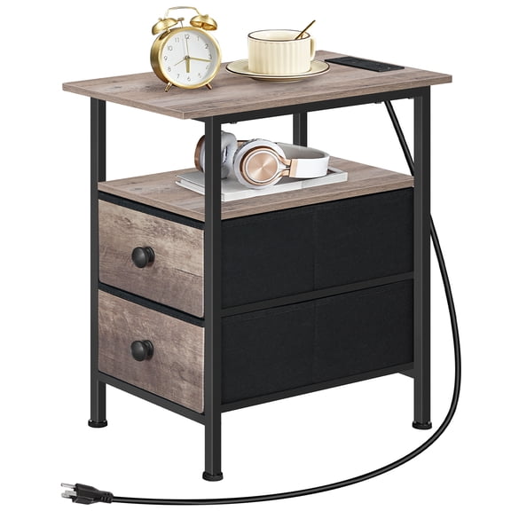 HOOBRO Narrow End Table with Charging Station & 2 Drawers, Greige and Black