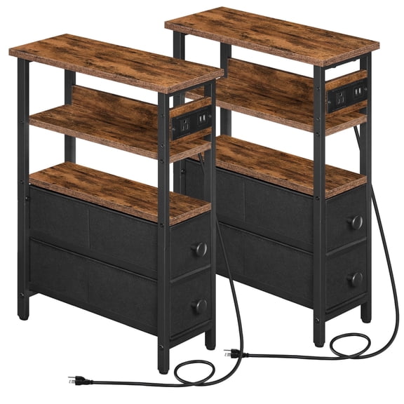 HOOBRO Set of 2 Narrow End Tables with Charging Station & Fabric Drawers, Rustic Brown and Black