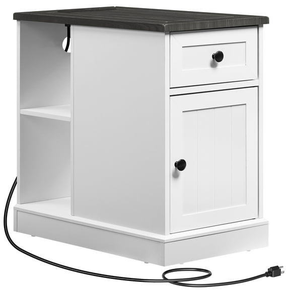 HOOBRO End Table with Charging Station, Side Table with Outlets and USB Ports, Bedside Table with Drawer and Cabinet,Farmhouse Style, for Living Room, Bedroom, White and Charcoal Gray WC277UBZ01