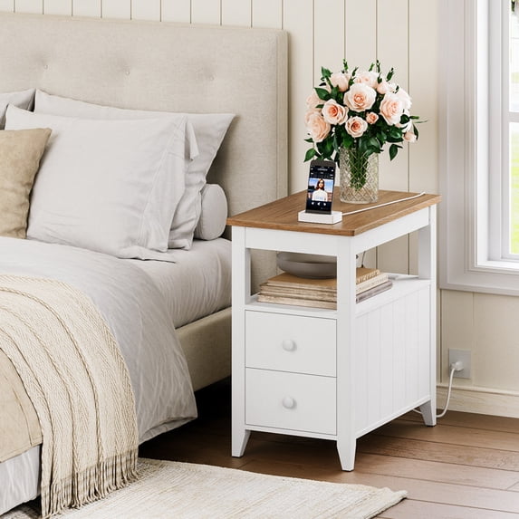 HOOBRO End Table with Outlets and USB Ports, Bedside Table with 2 Drawers and Storage, Large Capacity Nightstand with Rear Book Holder, Farmhouse Style Living Room, Bedroom White and Walnut WH275UBZ01