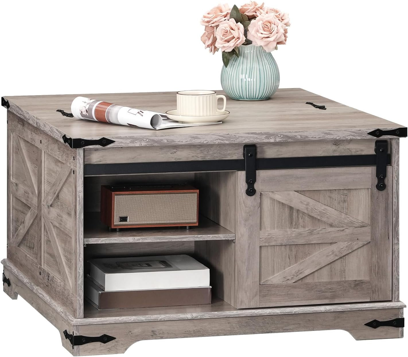Gray Square Lift-Top Farmhouse Coffee Table with Storage