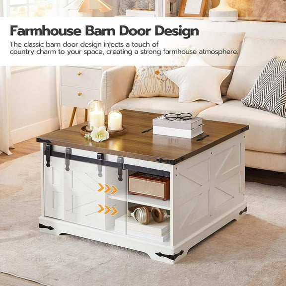HOOBRO Farmhouse Coffee Table for Living Room with Single Sliding Barn Door Lift Top and Hidden Space White and Walnut WH80KF01G1